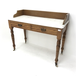 Edwardian satin walnut washstand, raised shaped back, marble top, two drawers, turned supports, W107cm, H86cm, D49cm 