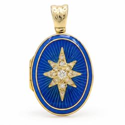 18ct gold diamond and enamel locket pedant, the oval blue enamel front inlaid with a gold ...
