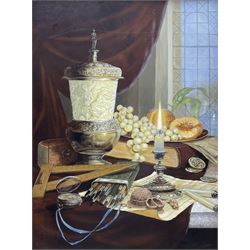 Continental School (Late 20th century): Still Life with Candle, oil on panel indistinctly signed 40cm x 30cm