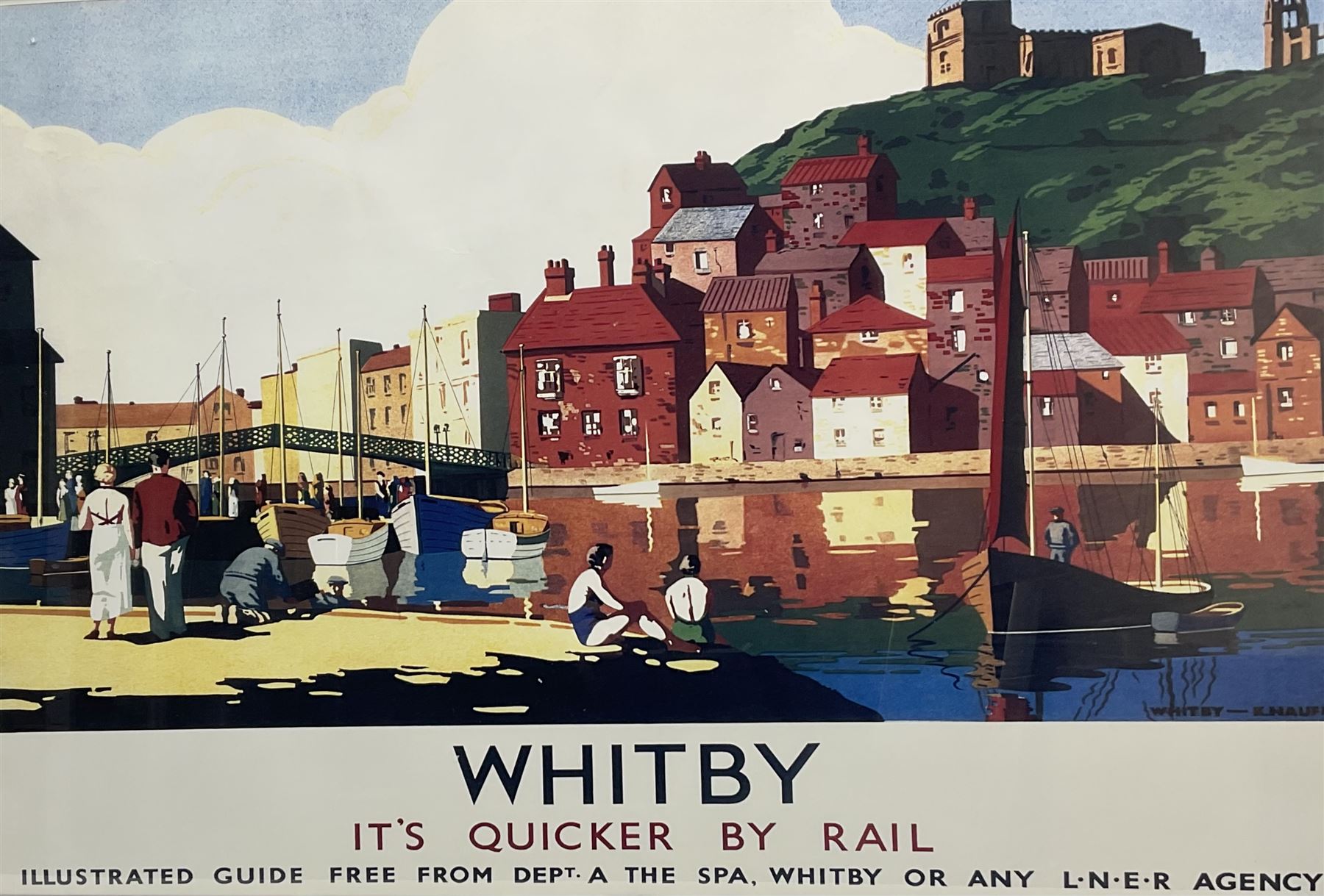 After K Hauff (British early 20th century): 'Whitby - It's Quicker By Rail!', Art Deco Style LNER lithograph poster reprinted c1980 originally pub. c1930, 68cm x 99cm