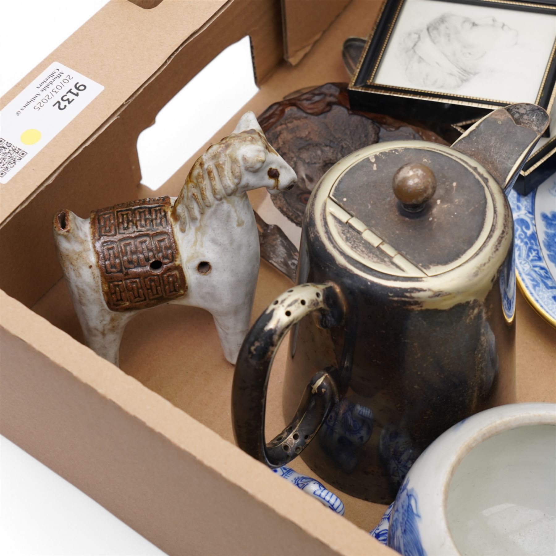 Early 19th century Derby dish, Maleras Sweden glass owl sculpture, Crown Staffordshire box with chinoiserie decoration and other ceramic and glass items in one box