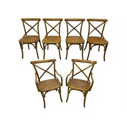 Set of six oak X back dining chairs, rattan seats