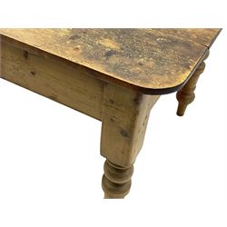 Victorian pine farmhouse dining table, rectangular plank top with rounded corners, on turned supports 