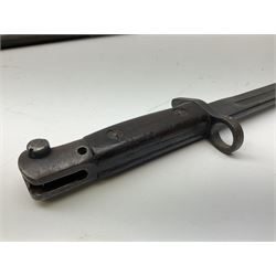 British Enfield 1907 model SMLE bayonet, with 43cm fullered steel blade and metal mounted leather scabbard L58cm overall; and Schmidt-Rubin Model 1918 bayonet the 30cm steel blade marked Elsener Schwyz No.579722; in steel scabbard with leather frog marked G. Bertolini Sellaio Vira/G.Tic 79 L45cm overall (2)
