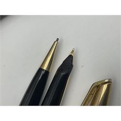 Group of Waterman pens and propelling pencils, to include a fountain pen, the black barrel with rolled gold cap and nib stamped 14ct, together with a matching propelling pencil, in box, together with a further fountain pen with gold nib stamped 14ct, stainless steel fountain pen and rollerball set in box, propelling pencil with maroon barrel etc, largest L13cm (7)