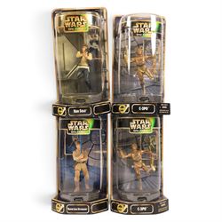 Ten Star Wars figures and playsets, comprising four The Kenner Collection Epic Force figures Bespin Luke Skywalker, Han Solo and two C-3POs, The Kenner Collection Power of the Force Kabe and Muftak figure pack, Jabba the Hutts Dancers, Jabbas Palace Diorama, Cantina at Mos Eisley Diorama and Hasbro Silver Anniversary packs Final Duel and Death Star Escape, all boxed