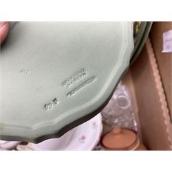 Quantity of ceramics to include Kernewek Cornwall tea wares, pair of Royal Doulton Islamic series plates, sage green Wedgwood Jasperware, Coclough tea wares, glassware etc in two boxes