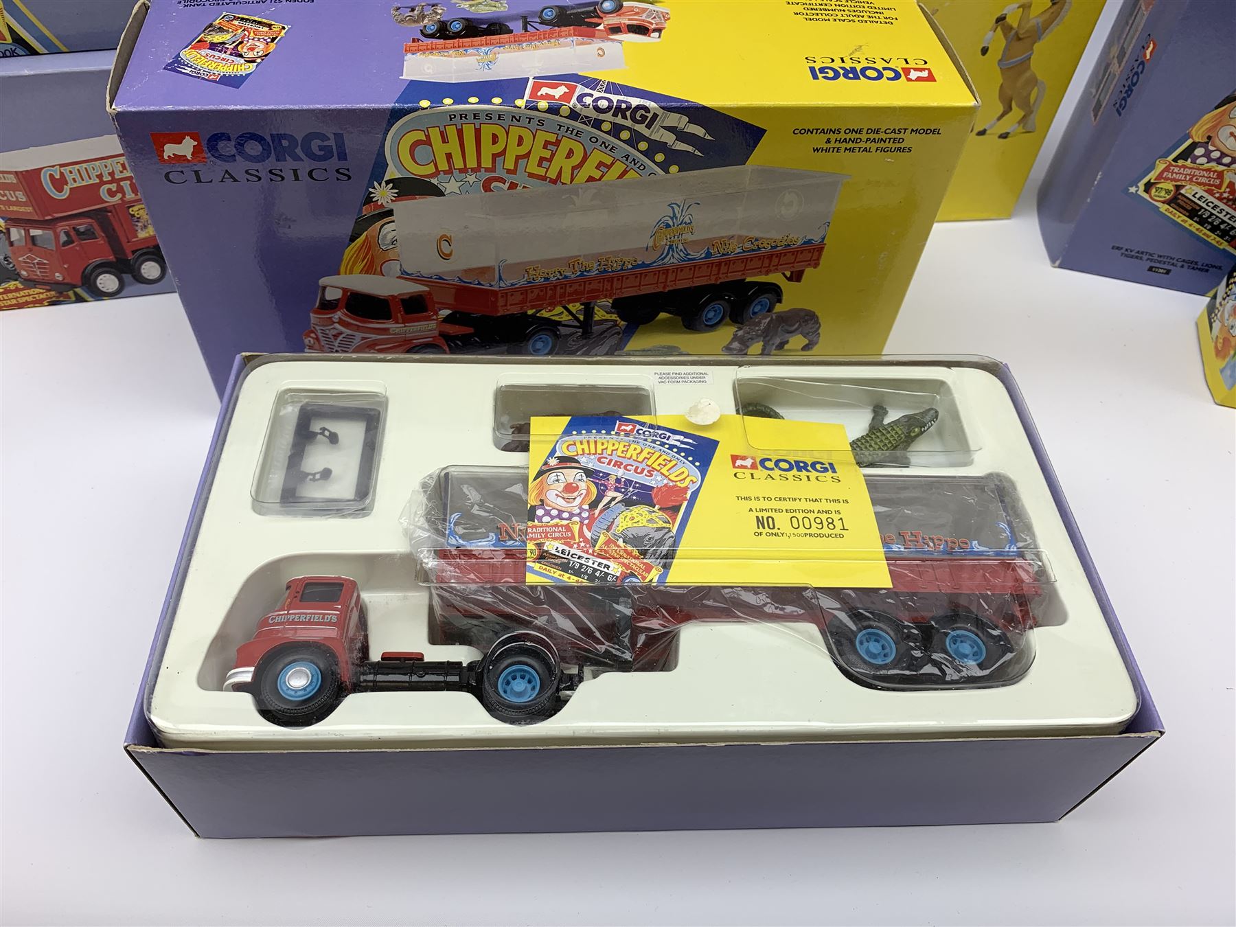 Sixteen Corgi limited edition Chipperfields Circus models - 07202 Land Rover Public Address & Clowns; 11201 ERF KV Artic with cages lions, tigers, pedestal & tamer; 14201 Foden S21 Articulated Tank Trailer with hippo & crocodile; 17801 Scammell Constructor Cannon & Ringmaster; 31703 Land Rover, Morris Minor Pick-Up, Thames Trader & AEC Fire Engine; 31901 Mary Chipperfield's Liberty Horses; 96905 Advance Booking Vehicle; 97022 AEC Regal Living Quarters; 97092 Bedford Pantechnicon Billy Smee Wardrobe; 97915 Scammell Highwayman with two trailers; 97887 Bedford O Articulated Horsebox; 97888 Foden Closed Pole Truck with Caravan; 97889 AEC Cage Truck & Trailer; 97896 AEC Pole Truck; 97957 ERF 8-Wheel Rigid Truck; and Set No.1 Six Circus Figures; all mint and boxed with certificates, some with posters, and brochure (16)