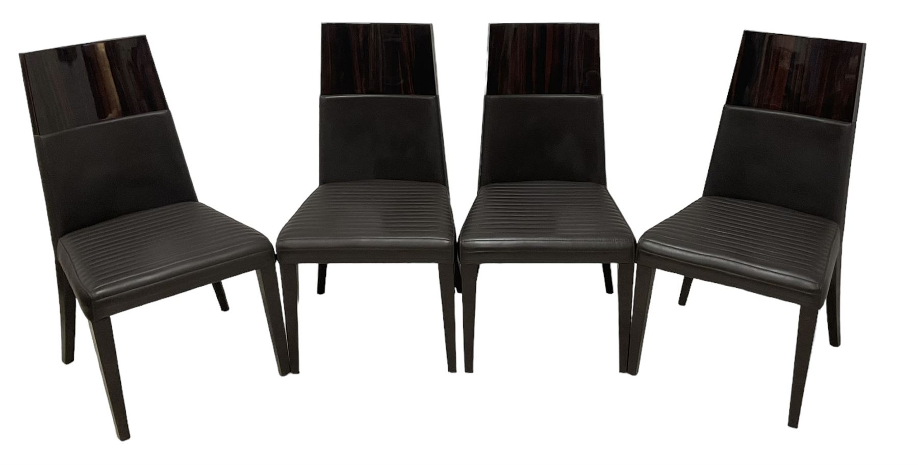 Giorgio Collection - Art Deco design macassar ebony 'Luna' extending dining table, oval top with quarter-matched veneer and stringing, raised on a curved V-shaped pedestal with oval base; with matching set of dining chairs, high macassar ebony back, the lower half and seat upholstered in black leather, on ebonised tapering supports, retailed by Harrods