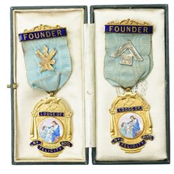 Masonic Jewels comprising seven enamel and gilt 'Lodge of Felicity', five dated 1945, four silver-plated examples collar jewels, a silver-gilt jewel, together with a cased Victorian photograph and a silver-gilt medal for 'Past President Chamber of Trade, Bradford & District', including some cases 