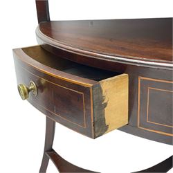George III mahogany bow-front corner washstand, raised fold-away back over top with apertures for basins and cups, fitted with single drawer, splayed square supports joined by under tier 