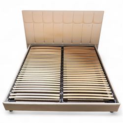 Contemporary 6' superking upholstered double bed frame, panel stitched headboard with square and vertical sections, slatted base on low feet