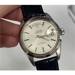 Tudor Oyster Prince Date Day gentleman's stainless steel 'Jumbo' wristwatch, circa 1969, Ref. 7017/0, serial No. 692159, silvered dial with baton markers, on black leather strap
