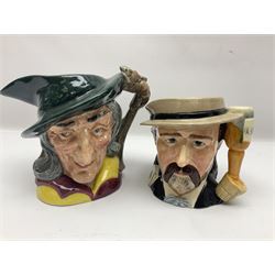 Large collection of Royal Doulton character jugs, to include Robinson Crusoe D6532, Tam O Shanter D6632, The Falconer D6533 etc, together with similar charater jugs and toby jugs   