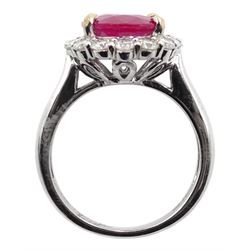 18ct white gold ruby and diamond cluster ring, stamped 750, ruby approx 3.75 carat, stamped 18K 750