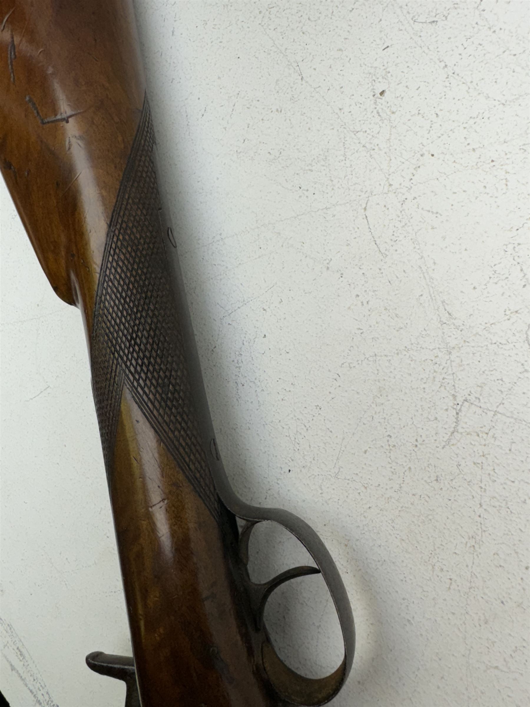 19th century Jones single barrel percussion fire shotgun, muzzle loader, walnut stock with chequered grip and engraved steel fitting marked Jones, the 68cm (27