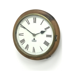  Early 20th century oak cased wall clock, white Roman dial with red arrow markers with plaque for W.E.Boddy Kirbymoorside, single fusee movement, D39cm  