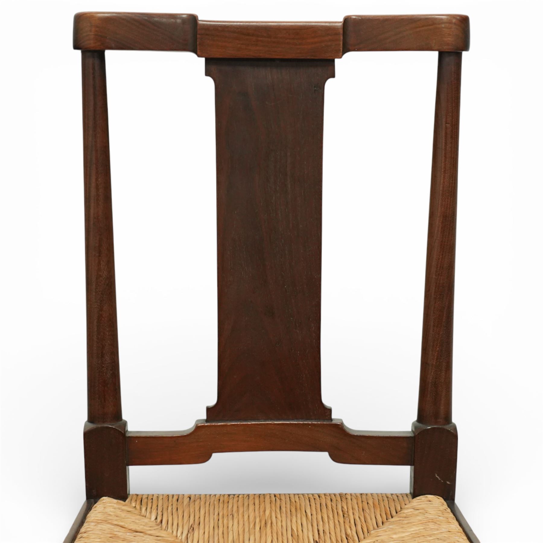 Pair of Morris & Co ‘Hampton’ design chair attributed to H. Howes, the shaped rectangular back with central splat over a rushed seat, on turned supports united by stretchers