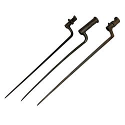 Early 19th century British Brown Bess musket rifle socket bayonet with zigzag fitting stamped D71 and triangular blade stamped 270 L55cm overall; and two other 19th century socket bayonets; no scabbards (3)