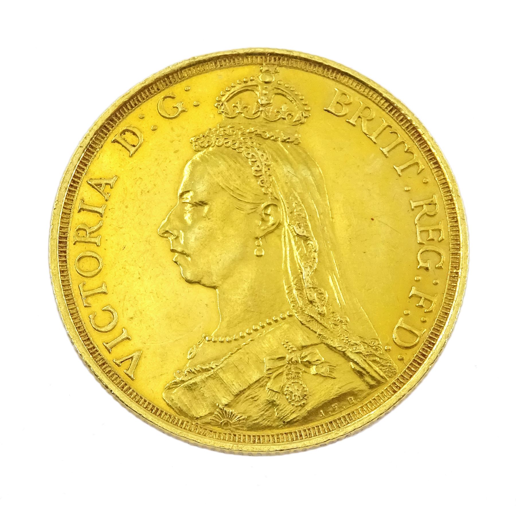 Queen Victoria 1887 specimen coin set, comprising gold half sovereign, sovereign, two pounds and five pounds, silver threepence, sixpence, shilling, florin, halfcrown, double florin and crown, housed in purple velvet case
