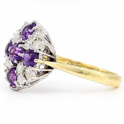 18ct gold amethyst and diamond cluster ring, five round cut amethysts, spaced by twelve round brilliant cut diamonds, London 1979, total diamonds 0.67 carat