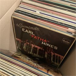 Collection of vinyl LP records in four boxes, mainly Jazz and Classical including Piano Rags by Scott Joplin, Sarah Vaughn, Duke Ellington and His Orchestra and Louis Armstrong, etc