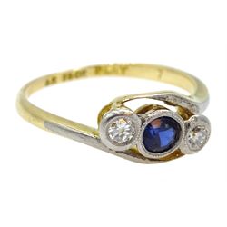 Gold milgrain set synthetic sapphire and diamond three stone ring, stamped 18ct Plat