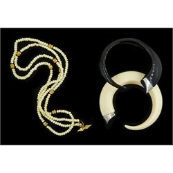 Shaun Leane silver and red topaz ivory resin Tusk bangle, one other black Tusk bangle, both hallmarked and a silver-gilt bone bead wrap bracelet, all by the same hand