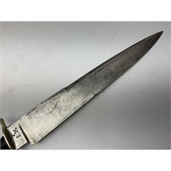 Hunting knife by J Nowill & Sons, Sheffield, the handle inset with mother of pearl, blade length 19cm; George Wolstenholme IXL lock-knife with antler scales L29cm open; and another Bowie style hunting knife marked 'V.R. Warranted Sheffield Joseph Ellis & Sons' in leather sheath (3)