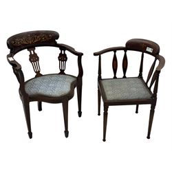 Edwardian inlaid mahogany corner chair, curved arms on shaped splat supports inlaid with satinwood, on turned supports (W60cm, H75cm); Edwardian inlaid mahogany tub-shaped armchair, the cresting rail inlaid with scrolling acanthus leaves and flower heads, on square tapering supports with spade feet (W58cm, H80cm)