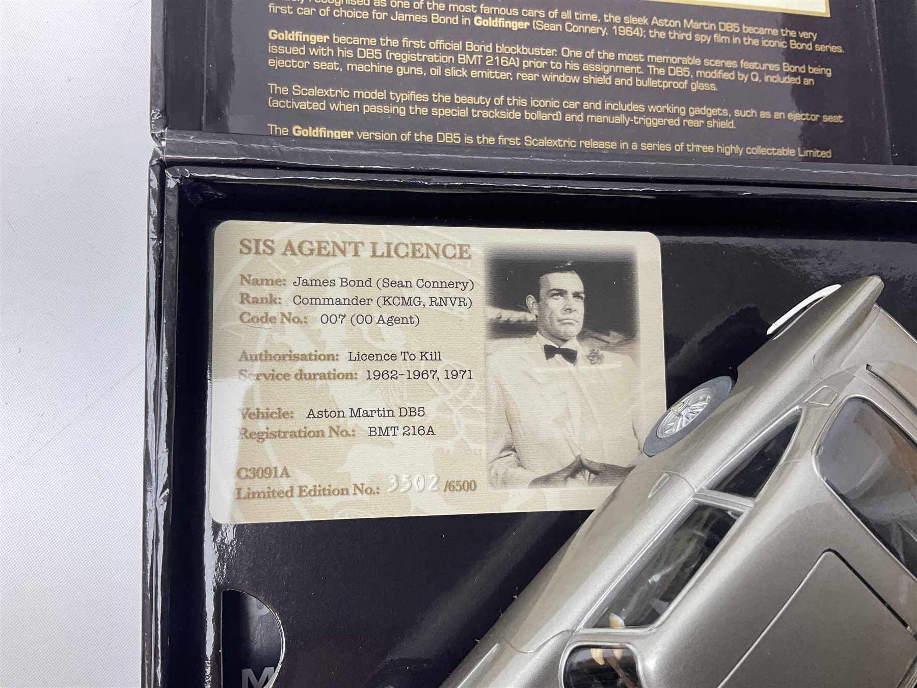 James Bond 007 limited edition Scalextric Goldfinger box set of Aston Martin DB5 slot car from The Classic Collection, no. 3502/6500, with certificate card