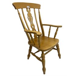 Beech farmhouse armchair, shaped cresting rail over pierced splat, on turned supports united by double H stretchers 