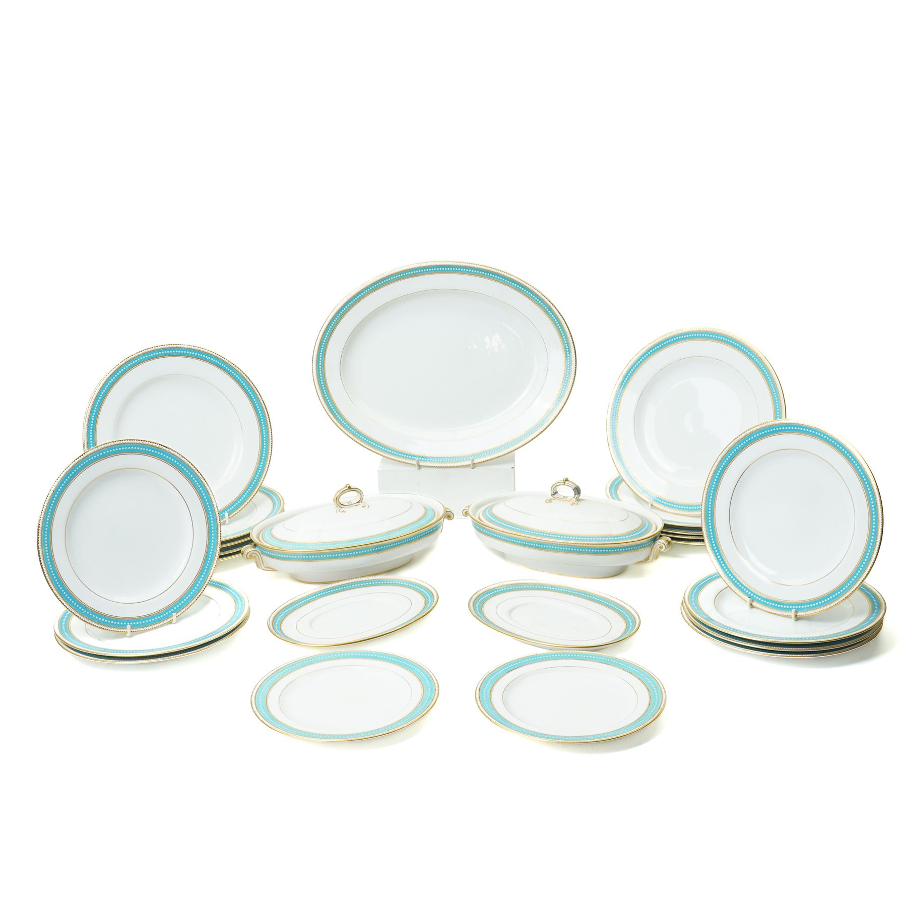 Spode Copeland's china part dinner service, circa 1900, with a blue and gilt jewelled border comprising ten dinner plates, seven dessert plates, two side plates, pair of vegetable dishes and covers, two sauce tureen stands and oval meat plate retailed by T Goode, London