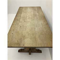 Maple & Co oak refectory style table, shaped supports joined by pegged stretcher 