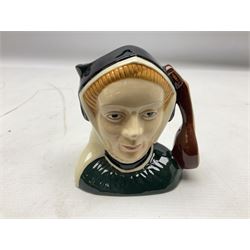 Royal Doulton Henry VIII and his Six Wives Character Jugs, comprising of Henry VIII D6647, Catherine of Aragon D6657, Anne Boleyn D6650, Jane Seymour D6746, Anne of Cleves D6753, Catherine Howard D6692 and Catherine Parr D6751, tallest H10cm