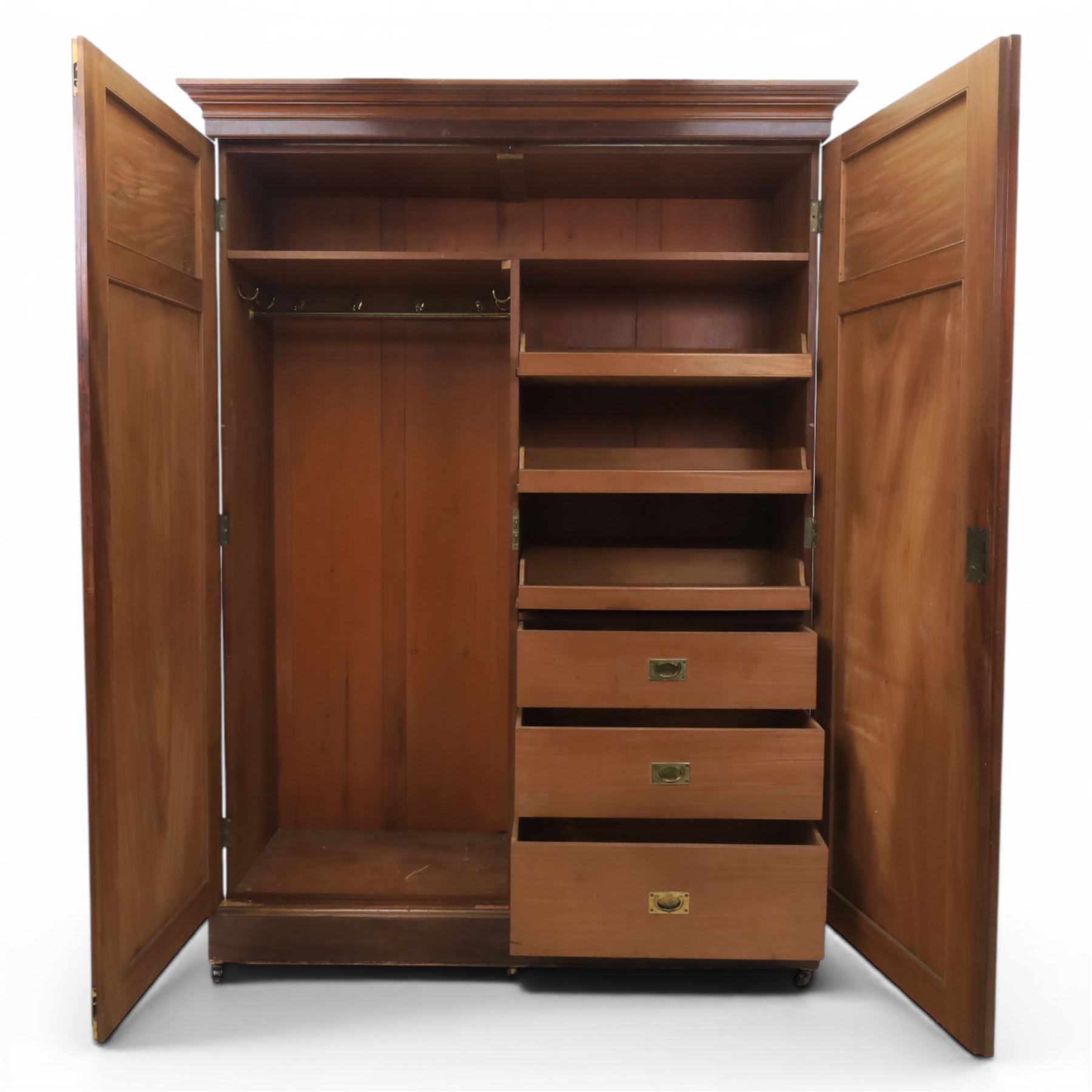 Edwardian walnut double wardrobe, fitted with two panelled doors, opening to reveal fitted interior with hanging space, three sliding linen trays and three drawers
