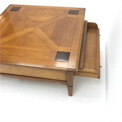 Modern cherry square coffee table, single two way drawer, square tapering supports, W90cm, H45cm, D90cm