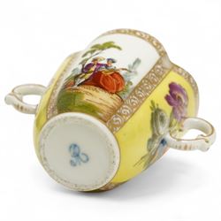 Helena Wolfsohn Dresden porcelain quatrefoil twin handled chocolate cup and stand, painted with panels of courting couples and floral sprays on a yellow ground, together with another Wolfsohn cup and saucer of the same design, and a similar continental vase decorated with shipping and town scenes, all marked to base, chocolate cup H8cm 