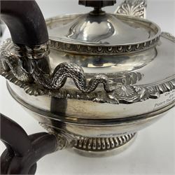 Mid 20th century silver five piece tea service, comprising teapot of squat circular form with cast gadroon, palmette and serpent detail, and ebonised scroll handle and finial, upon a reeded circular foot, slop bowl, sucrier, milk jug, and stand, each of conforming design, hallmarked James Dixon & Sons Ltd, Sheffield 1932, 1934 and 1936, teapot H16cm