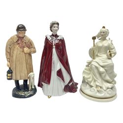 Royal Worcester figure, The Queen, created in celebration of the Queen's 80th birthday, together with two Royal Doulton figures, Queen of the Ice HN2435, and The Shepherd HN1975, tallest H23cm