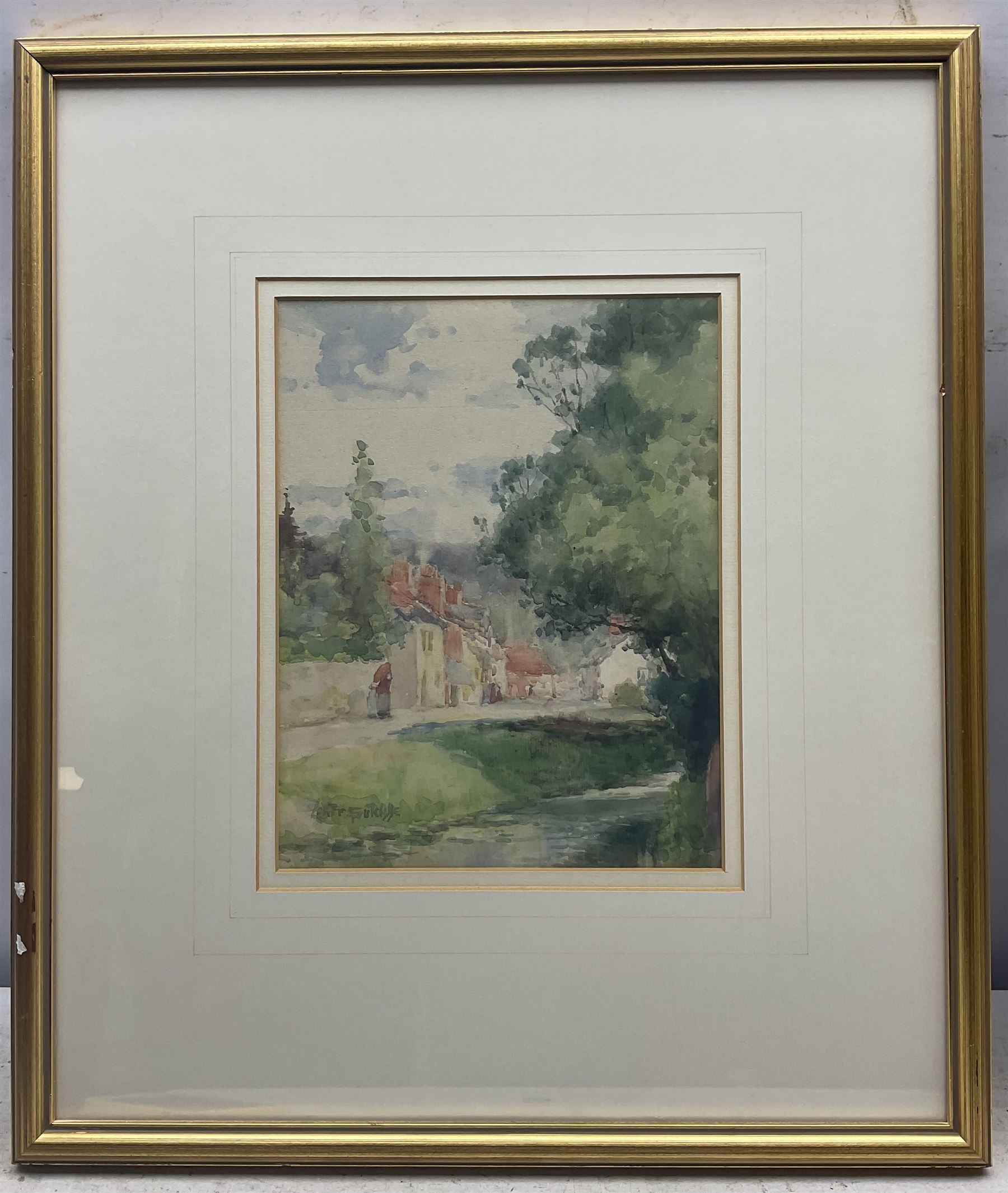 Lester Sutcliffe (British 1848-1933): Figures in a Riverside Village, watercolour signed 26cm x 20cm