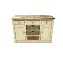  Solid Pine cream paint finish sideboard, three drawers above three wicker basket drawers and two cupboards, plinth base, W150cm, H97cm, D60cm  