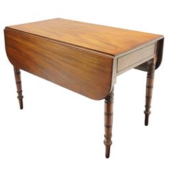 Victorian mahogany drop-leaf tea table, with set four Victorian balloon back dining chairs (Chairs H 86cm, D 43cm, W 45cm)
