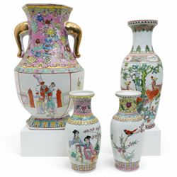 Three Chinese 20th century famille rose vases, of baluster form, decorated with traditiona...
