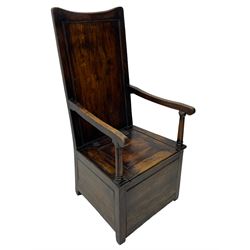 18th century elm box-seat lambing chair, dished cresting rail over panelled back, panelled hinged lid flanked by two turned arm supports