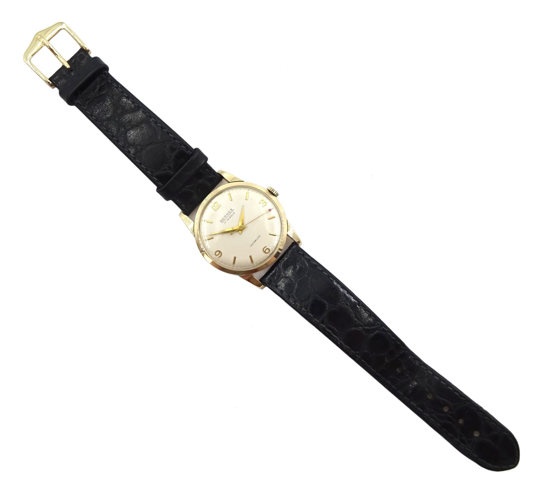 Bernex 9ct gold gentleman's manual wind wristwatch, Birmingham 1958, on leather strap