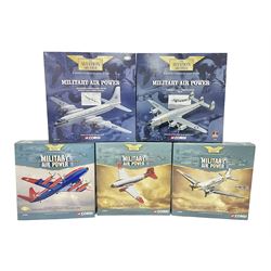 Corgi - Aviation Archive, five ‘Military Air Power’ 1:144 scale models comprising first issue 47509 Lockheed C-121A Constellation Mats; limited edition 48604 Bristol Britannia 253/CMK1 XM-496 Royal Air Force Transport Command limited edition no.1863/2700; two limited edition Thunder in the Skies models AA30005 Douglas C-47 Dakota no.1093/1900, and AA30507 Vickers V.838 Viscount no.1366/1500; limited edition AA30006 Modern Era Douglas C-47A Dakota - USAF 20th Tactical Fighter Wing no.639/1400; all boxed 