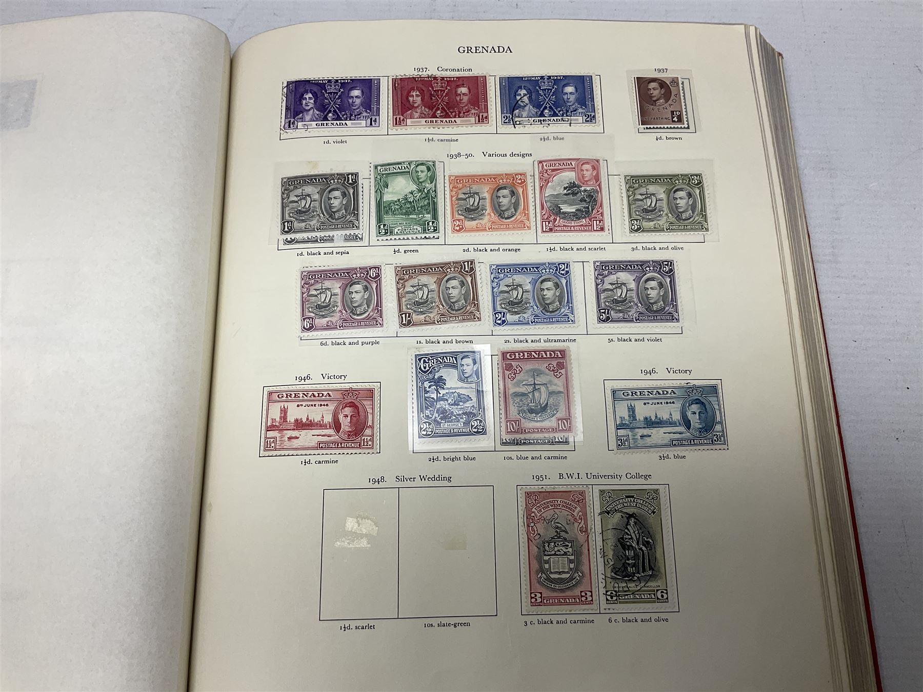 Single album collection of King George VI stamps, including Aden, Antigua, Ascension, Australia, Bahamas, Bahrain, Barbados, Basutoland, Bechuanaland, Bermuda, British Solomon Islands, Brunei, Burma, Cayman Islands, Dominica, Falkland Islands, Gambia, Gilbert and Ellice Islands, Gold Coast, Great Britain 1939-48 set to one pound including ten shilling dark blue, Grenada, Hong Kong, India, Ireland, Jamaica, Leeward Islands, Malta, Mauritius, New Zealand etc