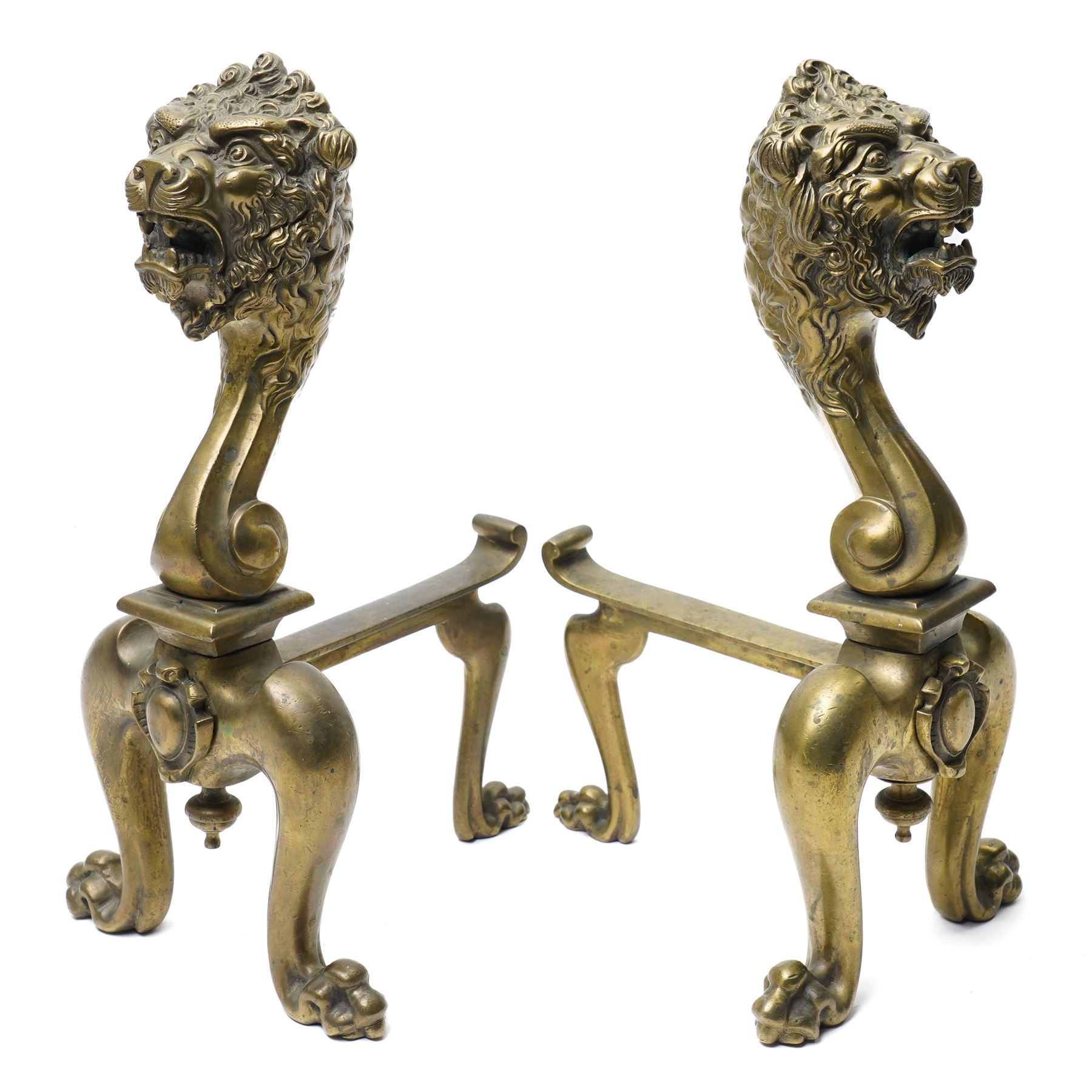 Pair of late 19th/early 20th century cast bronze fire dogs with lion masks and paw feet H37cm