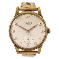 Trebex gentleman's 9ct gold manual wind presentation wristwatch, silvered dial with Arabic hour markers and subsidiary seconds dial, Edinburgh 1961, on expanding gilt bracelet